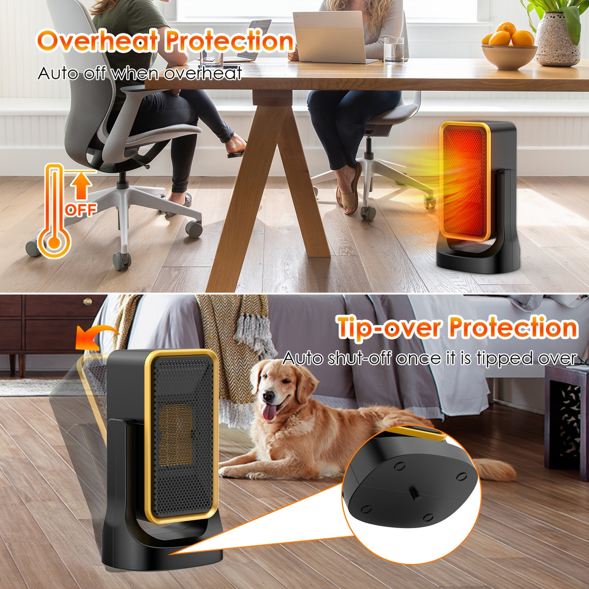 Compact Indoor Heater with Listed PTC Ceramic Heating, Thermostat and Three Fan Speeds, White or Black 500E and 1500 Option Labels for Supervised Room Warmth