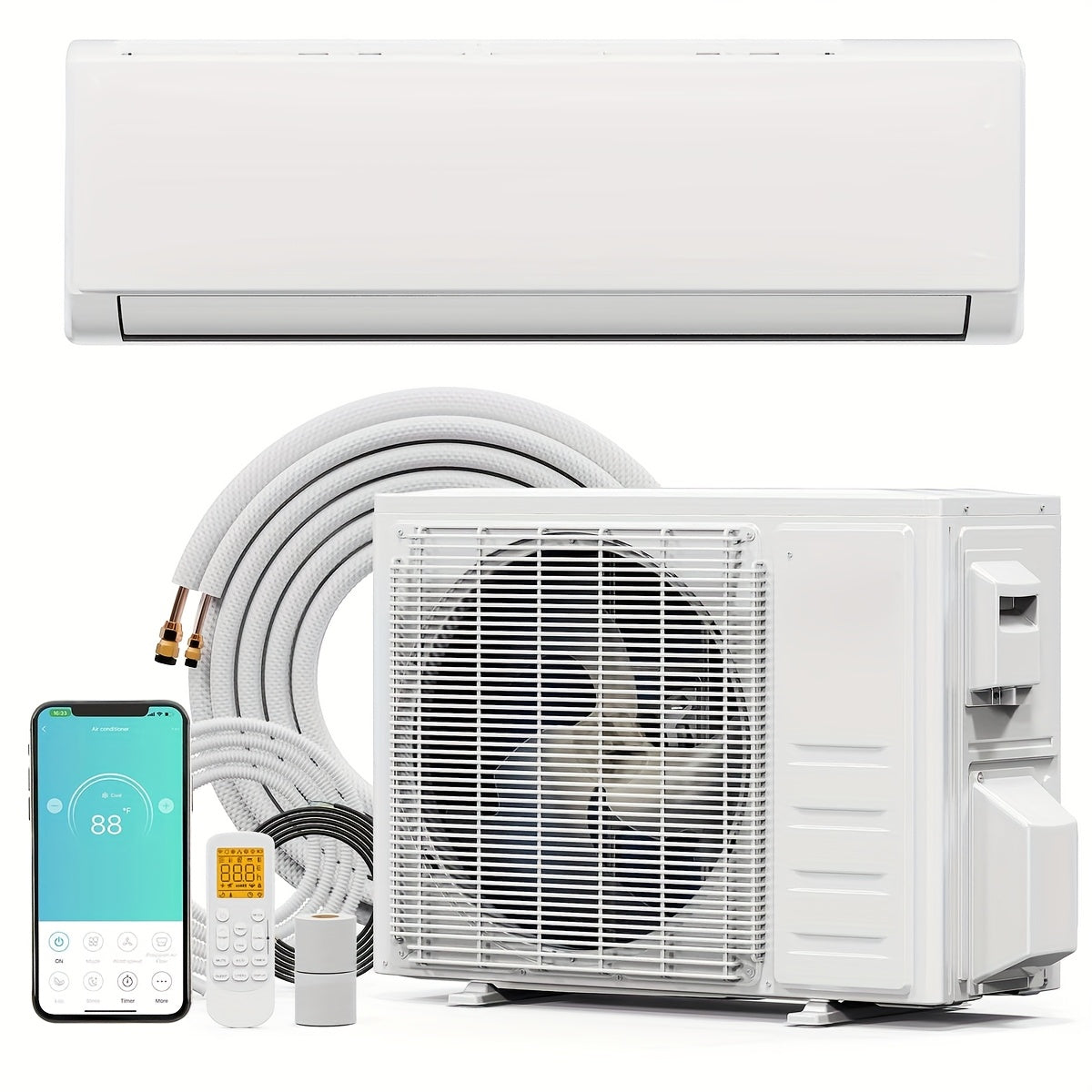 Ductless Mini Split Air Conditioner and Heat Pump, 11500 BTU WiFi Inverter System with Remote Control, Installation Kit and Washable Filter