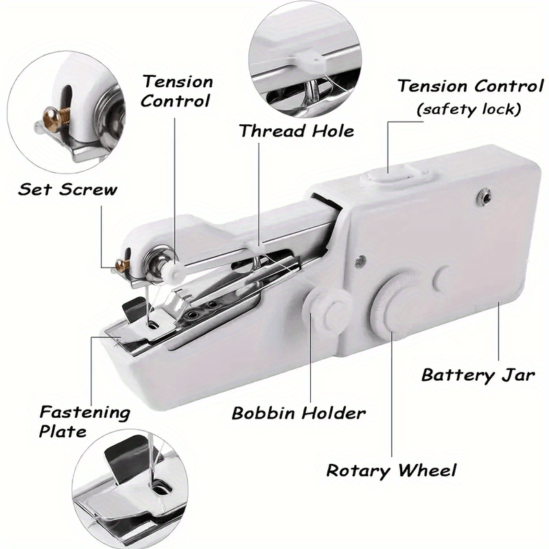 Handheld Sewing Machine Kit in Black or White, Battery-Powered Portable Fabric Tool with Needle, Threader, Spool Pin, Fabric Sample and Two Bobbins for Sewing Tasks
