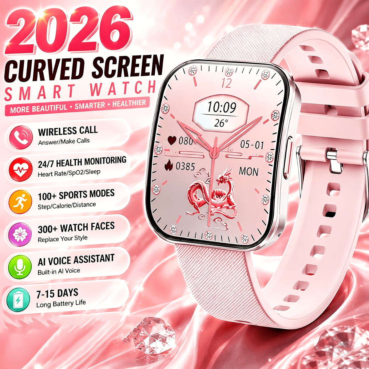 Curved Touchscreen Smart Watch, 1.85-Inch Calling Watch with Message Reminders, Multiple Sports Modes, Camera and Music Controls for iPhone and Android