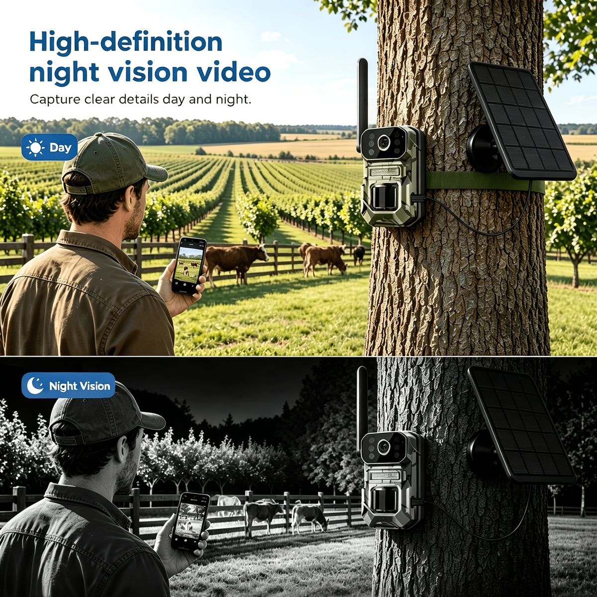 Farm Solar Trail Camera for Orchard and Livestock Monitoring with 125° Wide-Angle View, Listed 20W Solar Panel, 6000mAh Battery and Mounting Straps