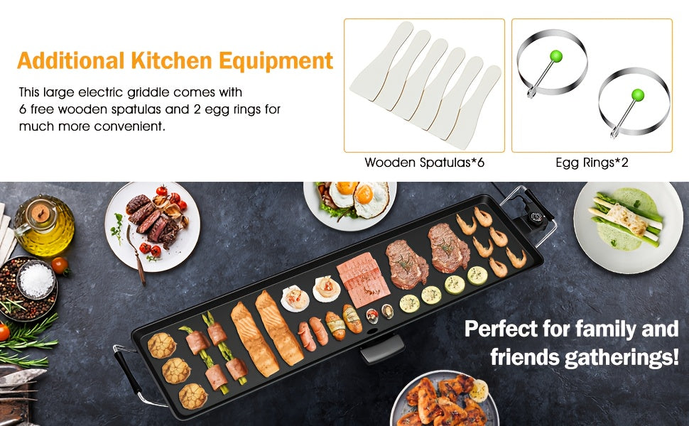 Electric Griddle 35-Inch Extra-Long Nonstick Grill with Adjustable Temperature and Drip Tray for Pancakes, Steaks and Family Meals, Gift Bag Included