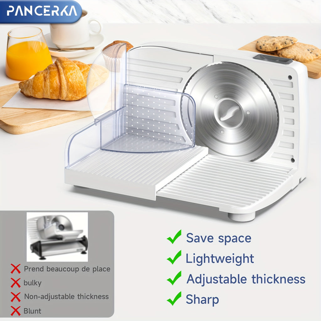 Adjustable Deli Food Slicer by PANCERKA in White, One Electric Cutting Machine with Listed 0–15mm Thickness Range and 130–200W Wording for Compatible Kitchen Foods