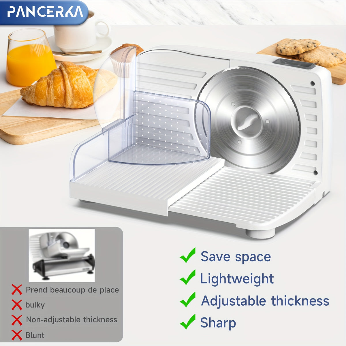 Adjustable Deli Food Slicer by PANCERKA in White, One Electric Cutting Machine with Listed 0–15mm Thickness Range and 130–200W Wording for Compatible Kitchen Foods