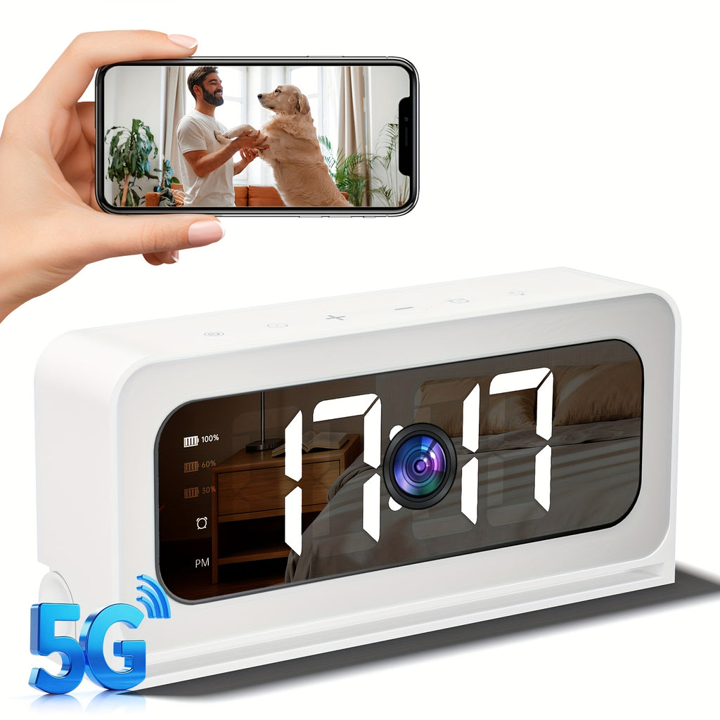 Alarm Clock Security Camera with 2K Video, Dual-Band 2.4GHz and 5GHz WiFi, Color Night Vision, Motion Detection and Two-Way Talk, Battery or USB Power