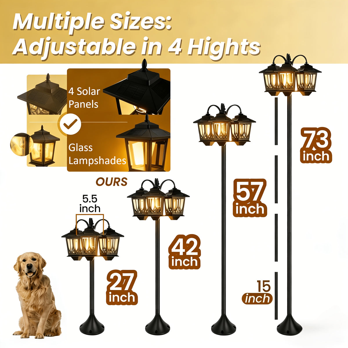 Solar Outdoor Post Light in Black with Three Heads, Warm White Edison Bulbs and Listed 73-Inch Adjustable Height, Single Concrete-Mounted Lamp for Patio Decor