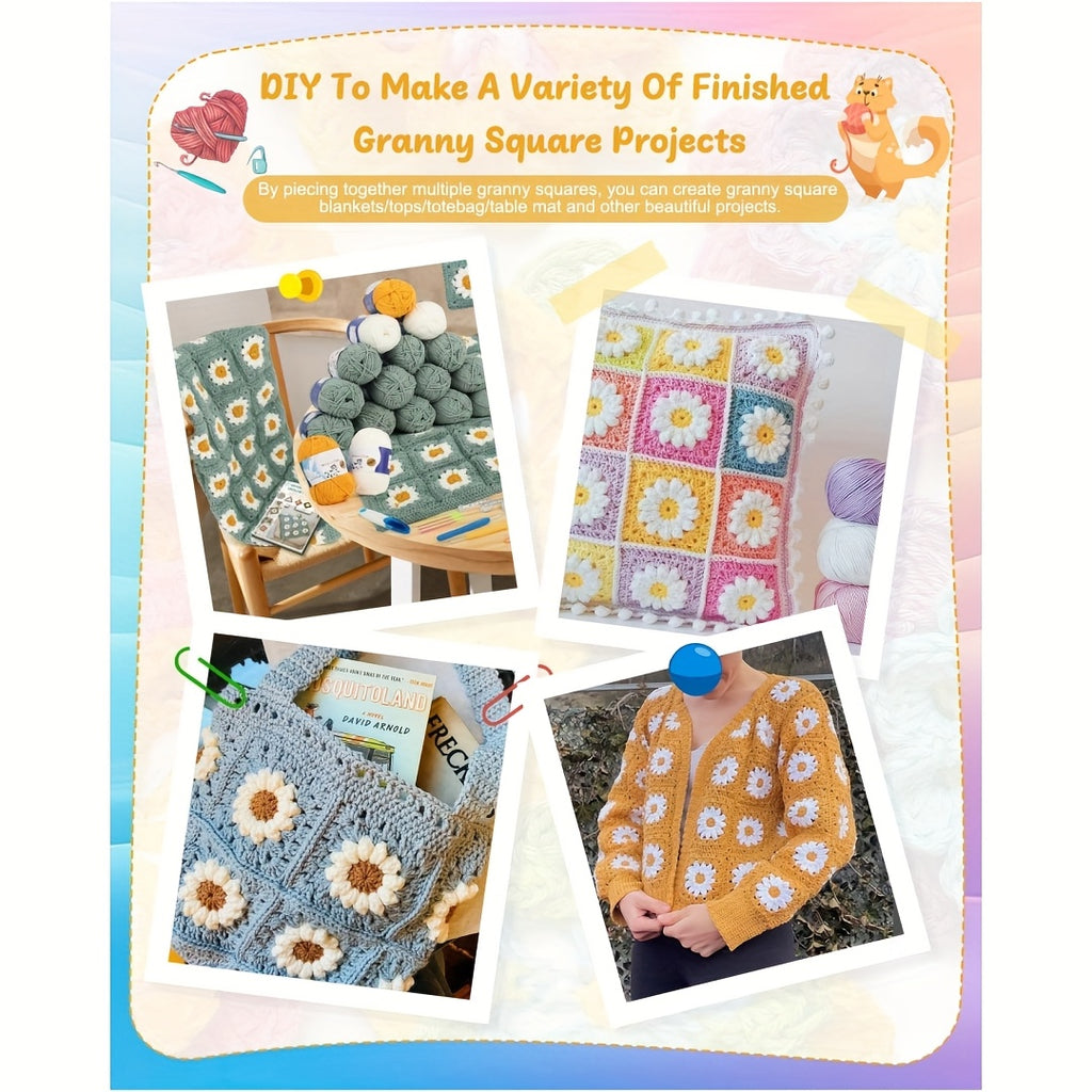 Daisy Blanket Crochet Kit for Beginners, Green Granny Square Project with Listed 19 x 50g Yarn, Two Ergonomic Hooks and Step-by-Step Diagram Instructions for DIY Crafting