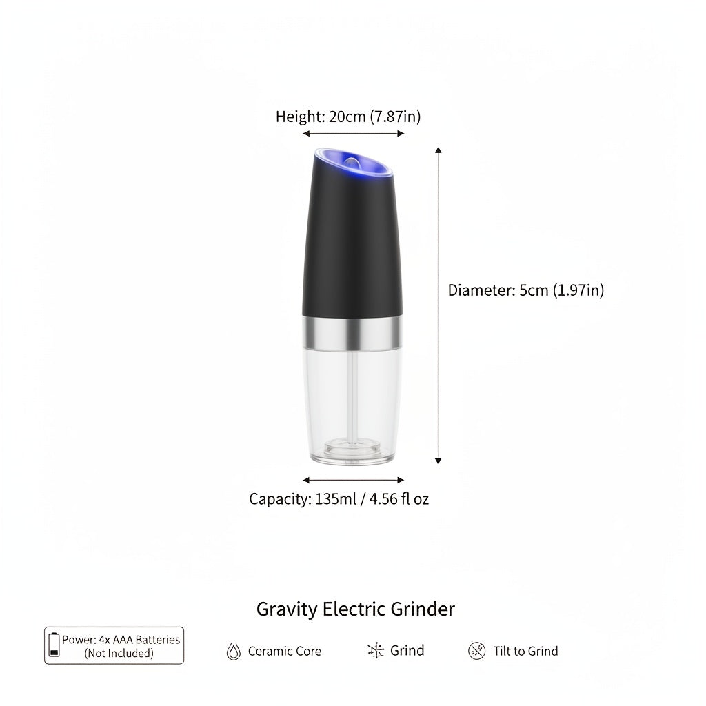 Electric Salt and Pepper Mill with Adjustable Coarseness and LED Light for Kitchen Seasoning, Single or Two-Piece Selections with Gravity-Sensing and USB Option Labels