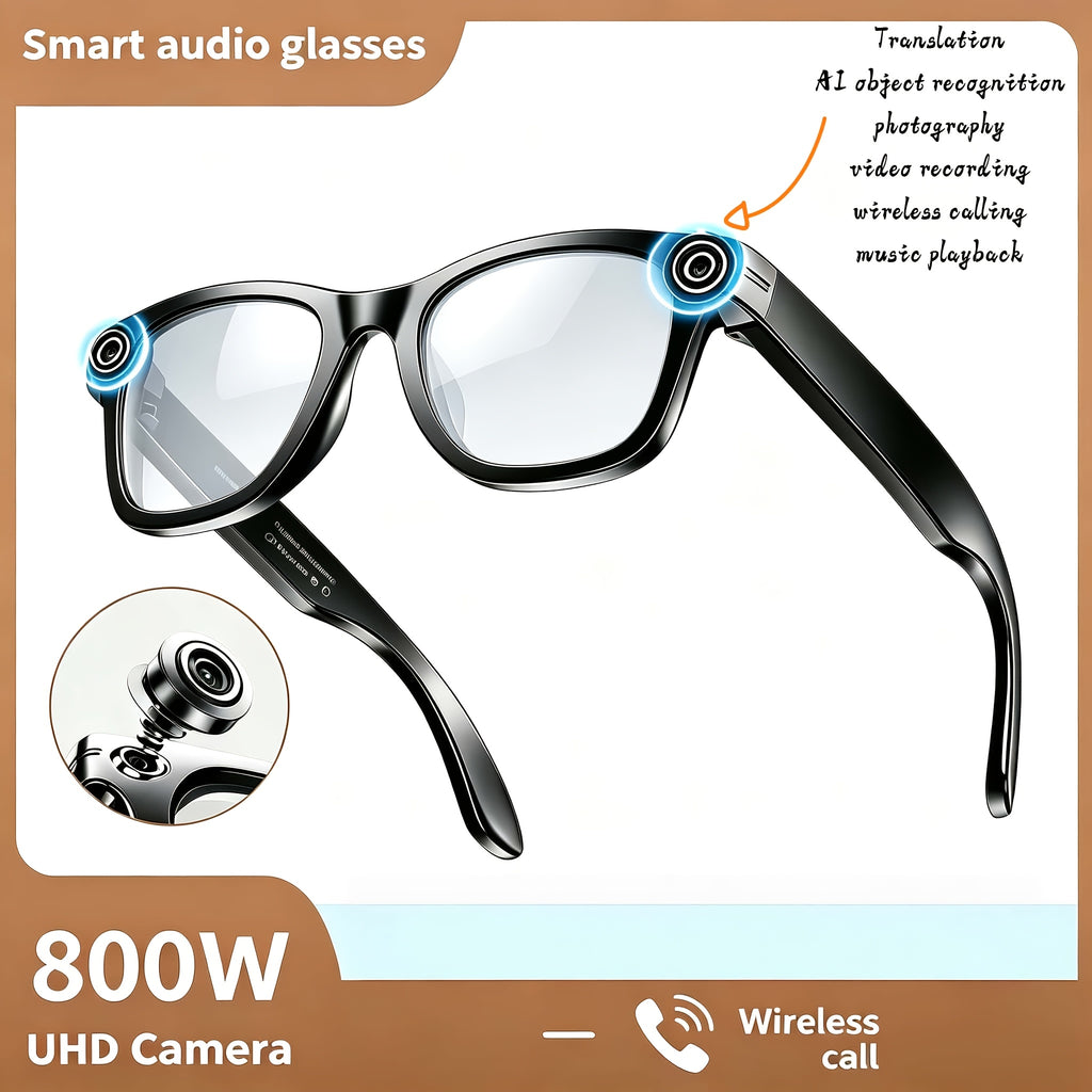 Camera Audio Smart Glasses with Replacement Lenses, Listed AI Translation, Object Recognition, Voice Assistant, Calls and Music for Everyday Wearable Use