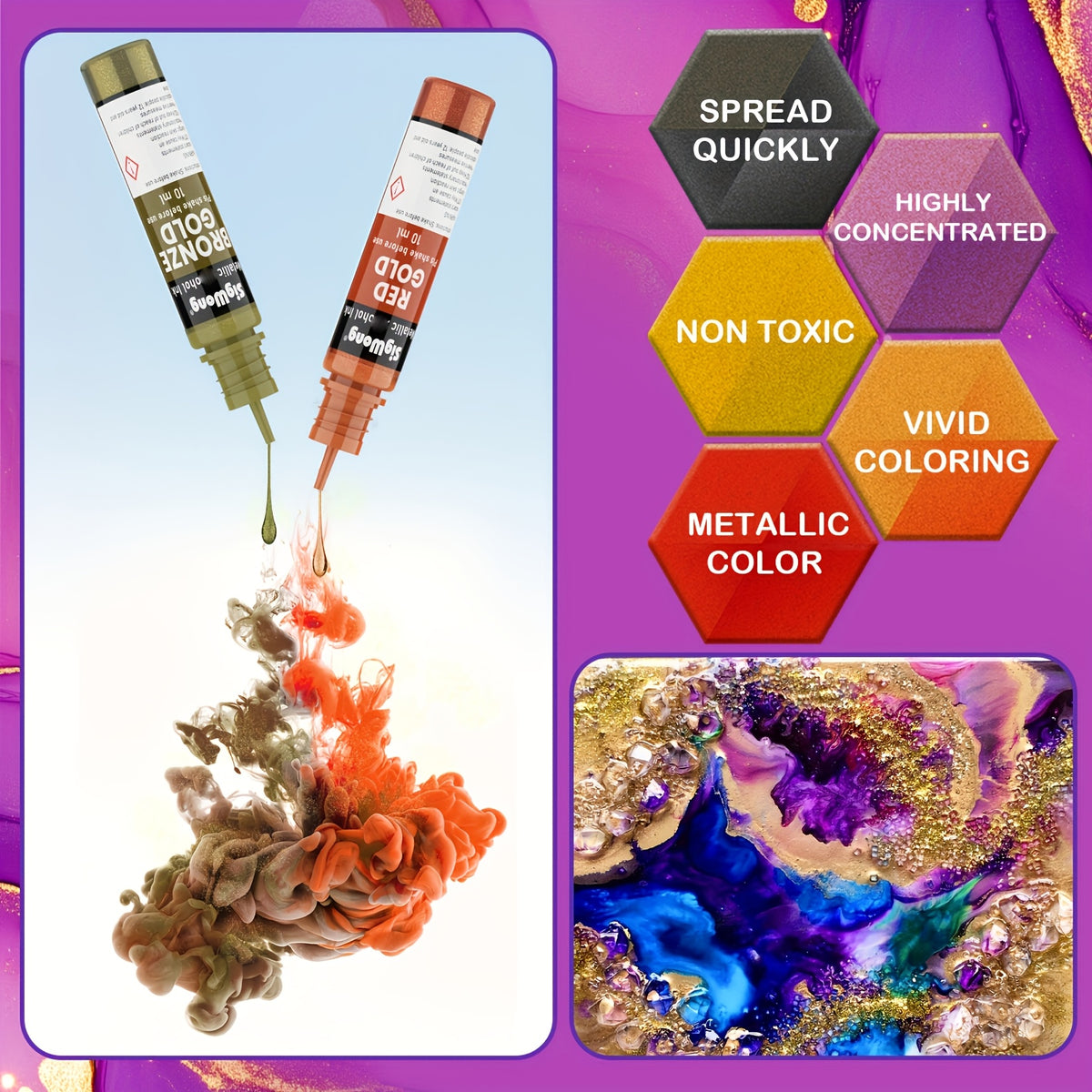 Metallic Alcohol Ink Set, 24-Color Shimmer Mixatives with Listed 0.34oz Each for Compatible Resin Coasters, Decorative Tumbler Crafts and Yupo Painting