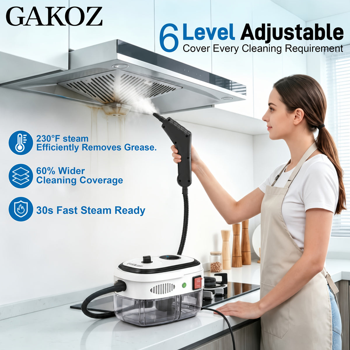 Portable Handheld Steam Cleaner with White 1200W Fixed-Steam or Black and White 1500W Adjustable-Steam Option Labels, Three or Nine Listed Accessories