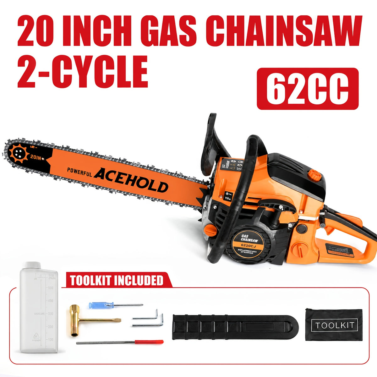 Two-Stroke Gas Chainsaw for Experienced Adult Outdoor Wood Cutting, Listed 62cc 20-Inch Red and White Model with Purple or Orange Options for Farm and Yard Projects