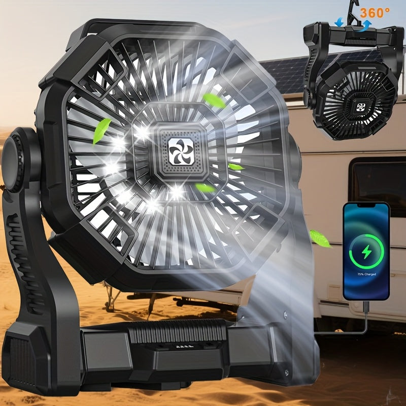 LED Lantern Camping Fan with Hook, Portable 3-in-1 USB Powered Desk Fan with Listed 20000mAh Capacity for Picnics, Indoor Use and Power Outages