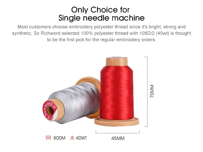 Polyester Embroidery Thread Set by RICHWORD with Listed 40WT 108D/2 Weight and 800M per Spool, 20, 40, 60 or 80-Piece Options for Compatible Sewing Projects