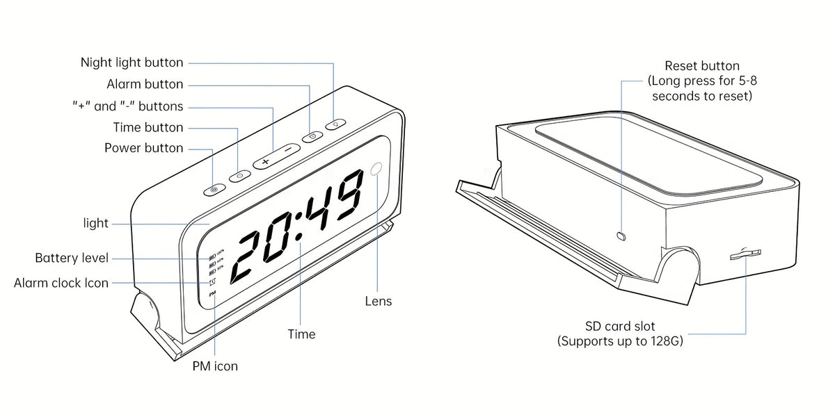 Alarm Clock Security Camera with 2K Video, Dual-Band 2.4GHz and 5GHz WiFi, Color Night Vision, Motion Detection and Two-Way Talk, Battery or USB Power