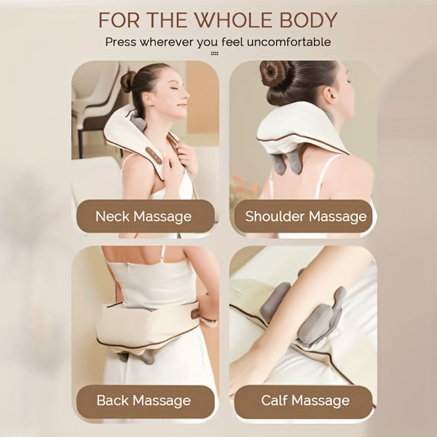 Six-Node Kneading Neck Massager with Listed Heating and Wireless Shiatsu Design, Beige or White Personal Massage Device for Instruction-Guided Comfort Routines