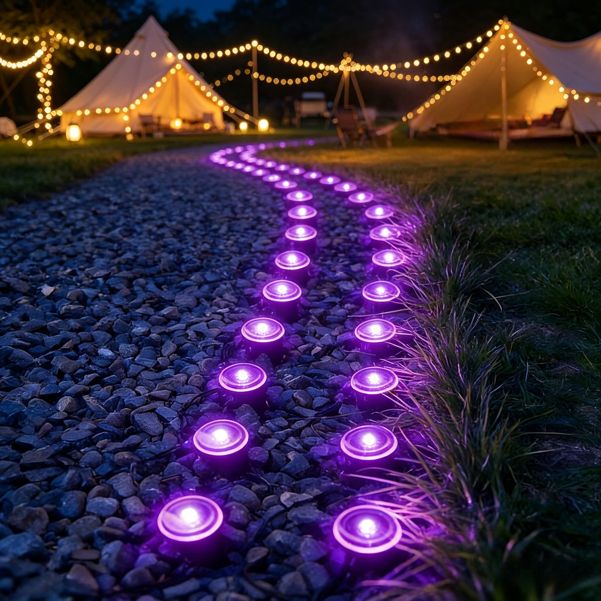 Purple or Blue Solar Lawn Stake Lights, 30 LED Style Options with Listed IP44 Rating for Garden Paths, Courtyards, Outdoor Parties and Wedding Decor