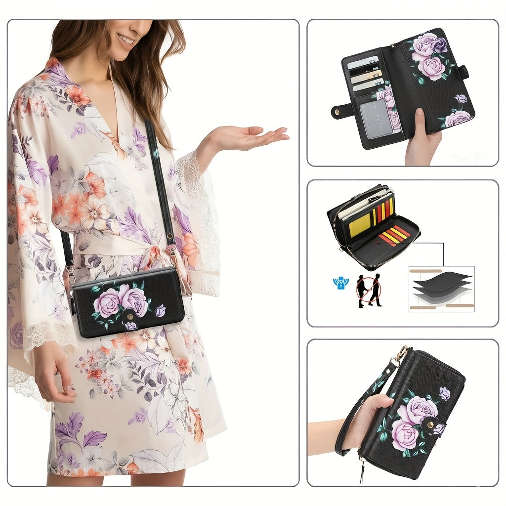 Floral Clutch Wallet for Women with Listed Zipper, Card and Coin Storage, Bow Accessory Reference and Selected Shoulder Strap Styles in Multiple Color Options
