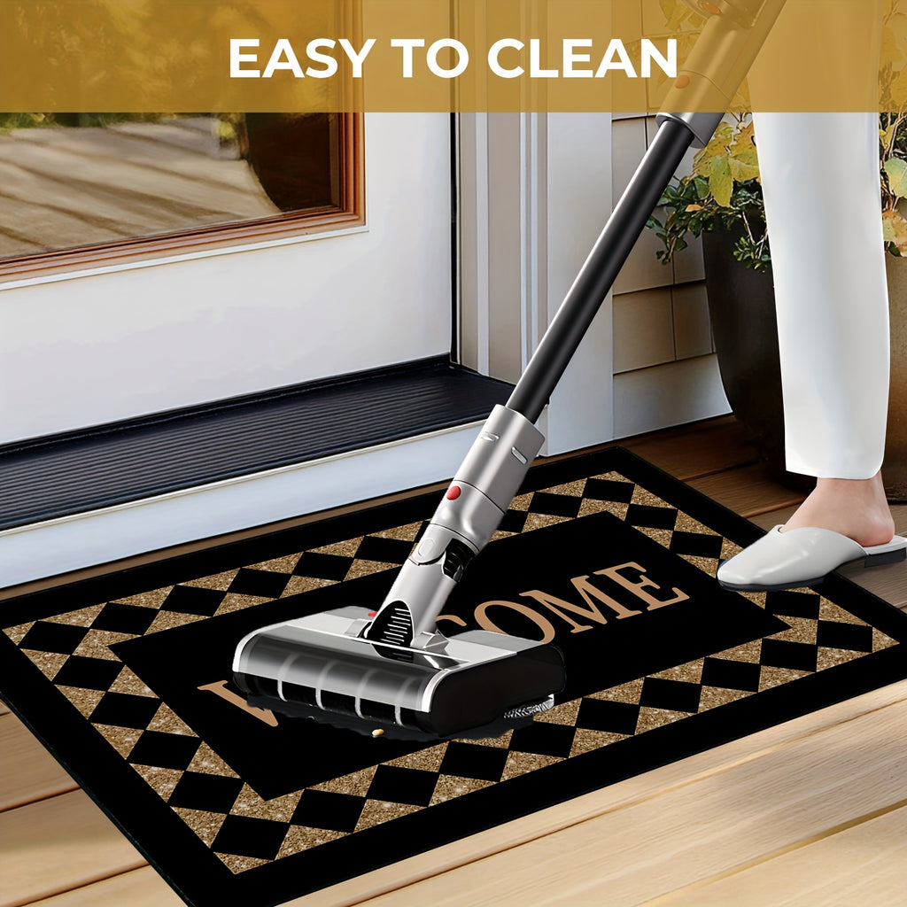 Black Welcome Doormat, Indoor Entrance Floor Mat in 16 x 24 or 20 x 32 Inch Size Options for Home Entryways, Hallway Decor and Housewarming Gift Ideas