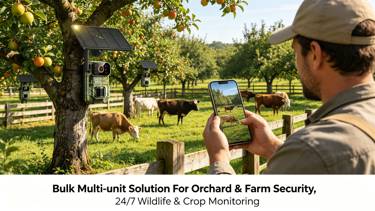 Farm Solar Trail Camera for Orchard and Livestock Monitoring with 125° Wide-Angle View, Listed 20W Solar Panel, 6000mAh Battery and Mounting Straps
