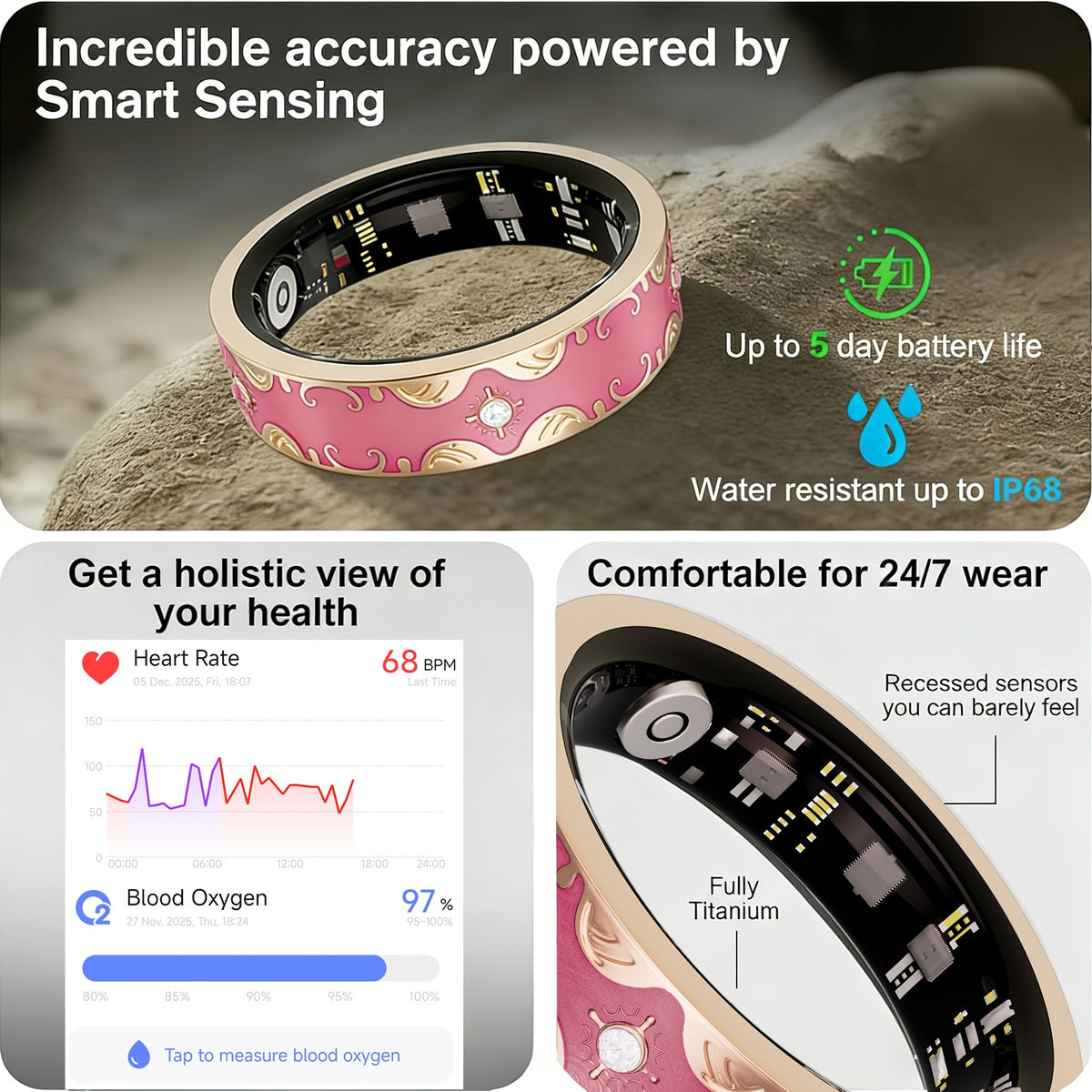 Smart Ring for Women, Fitness Tracker Ring with 120+ Sports Modes, Steps, Distance and Calories Tracking, Stress Monitor and Menstrual Cycle Tracking for iPhone and Android, No Subscription