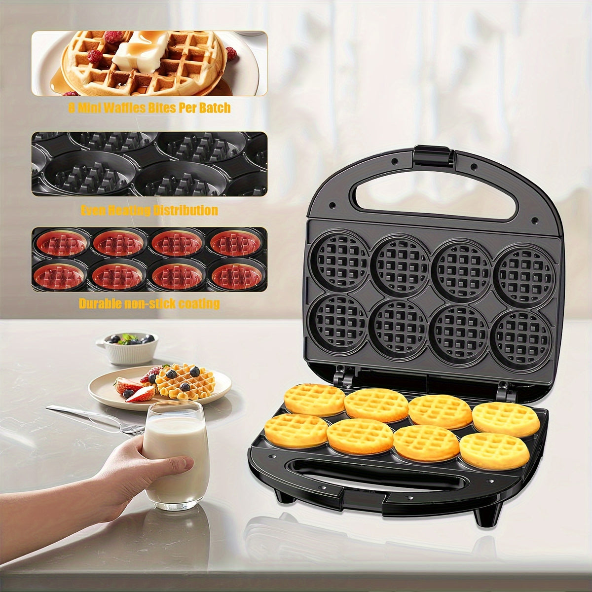 Eight-Bite Mini Waffle Maker with Nonstick Cooking Plates, ABS07-C Compact Desktop Waffle Iron for Listed 2-Inch Breakfast Bites, Snacks and Desserts