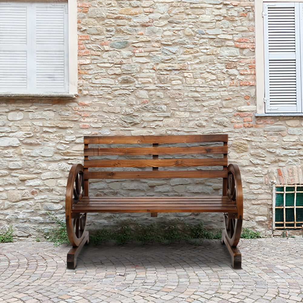 Outdoor Wooden Bench with Wagon Wheel Armrests, Slatted Seat and Backrest, Two-Person Poplar Wood Garden Seating in Light Carbonized Color, White or Black