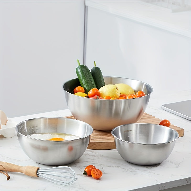 Mixing Bowls with Measuring Marks, Three-Piece Polished Stainless Steel Set in Small, Medium and Large Sizes for Baking, Salad Mixing and Kitchen Prep