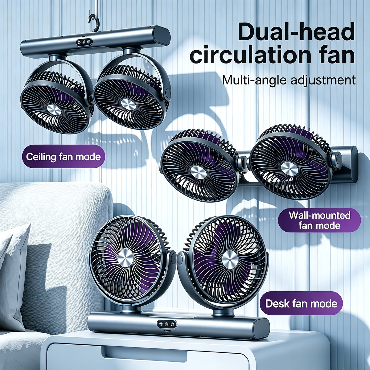 USB Fan with Night Light, 3-Speed Portable Ceiling and Wall Fan with Multi-Angle Airflow for Bedroom, Office Desk, Dorm and Camping