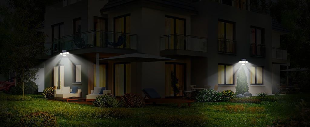 Four-Head Solar Motion Sensor Outdoor Lights, 2-Pack 288 LED Floodlights with Remote Control, 4 Lighting Modes and IP65 Rating for Yard, Patio and Garage