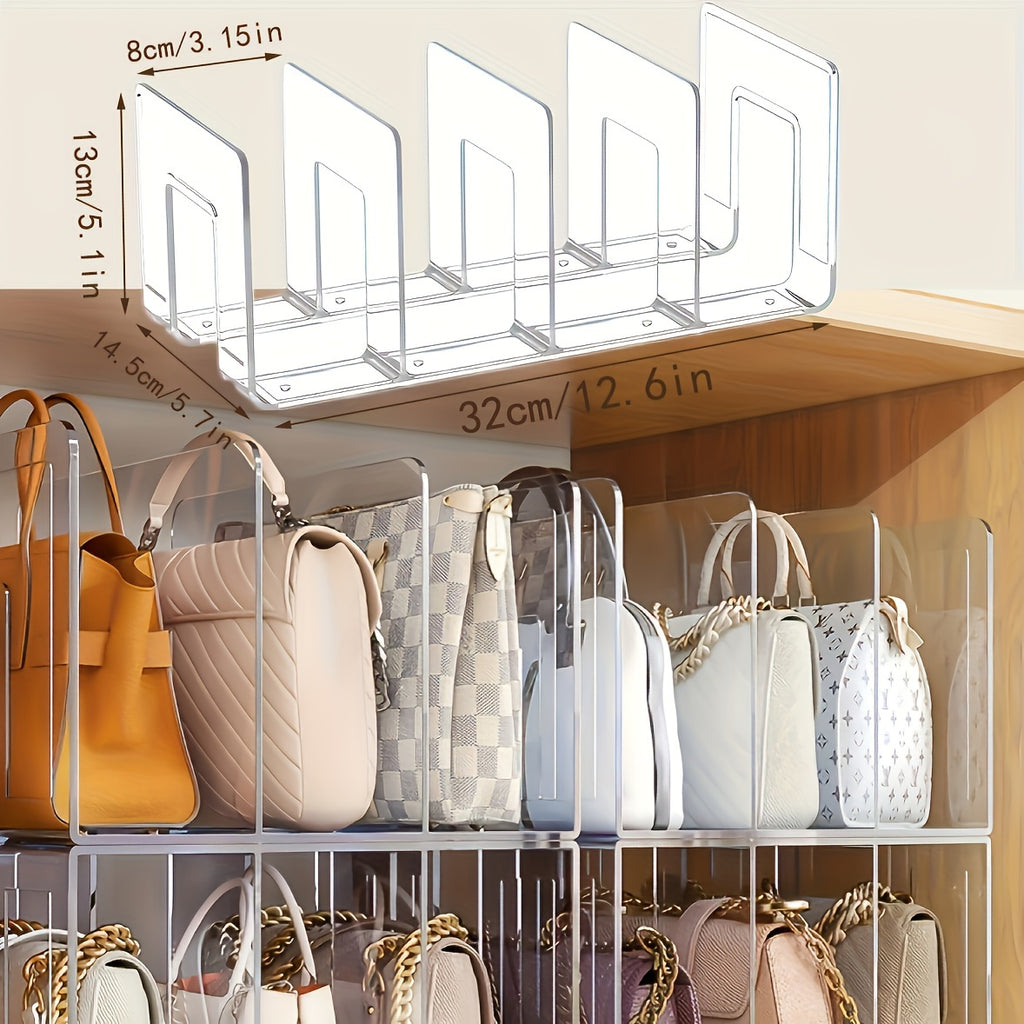 Acrylic Handbag Organizer with Four Listed Sections, Clear Desktop Purse Storage Rack for Compatible Bags, Books and Small Accessories with 4pcs Option