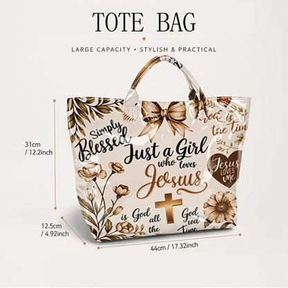 Christian Tote Bag with Floral and Cross Design, Faith-Inspired Glossy Shoulder and Top Handle Handbag for Church, Casual Outings and Everyday Carry