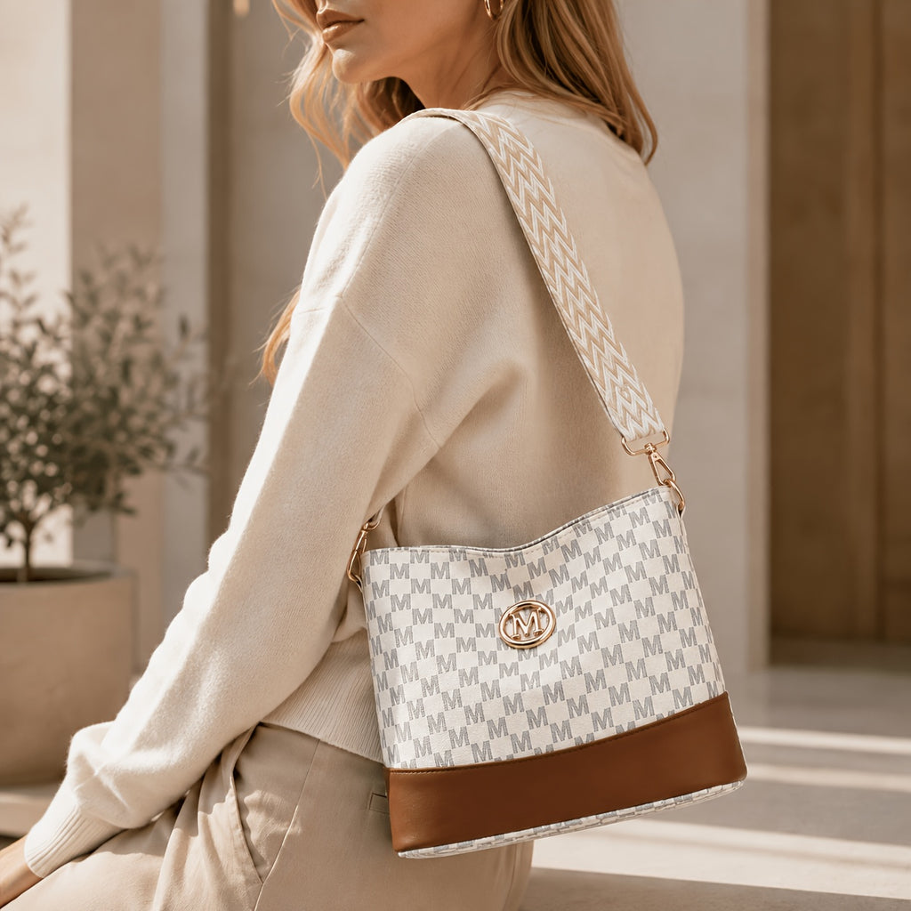 Patchwork Shoulder and Crossbody Bag with Vintage Styling and Wide Lettered Woven Strap, White or Brown Options for Workday Outings, Shopping and Dining