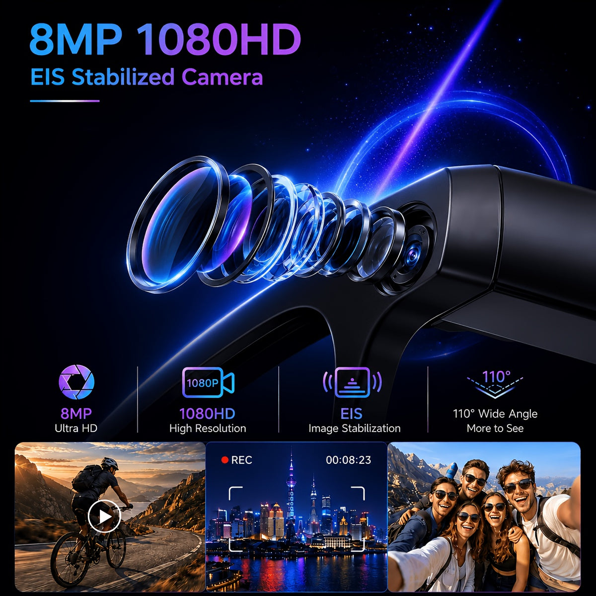 Photochromic AI Smart Glasses with Listed 8MP Camera and EIS, Live Translation, Object Recognition, Voice Control and Open-Ear Music in Unisex Black