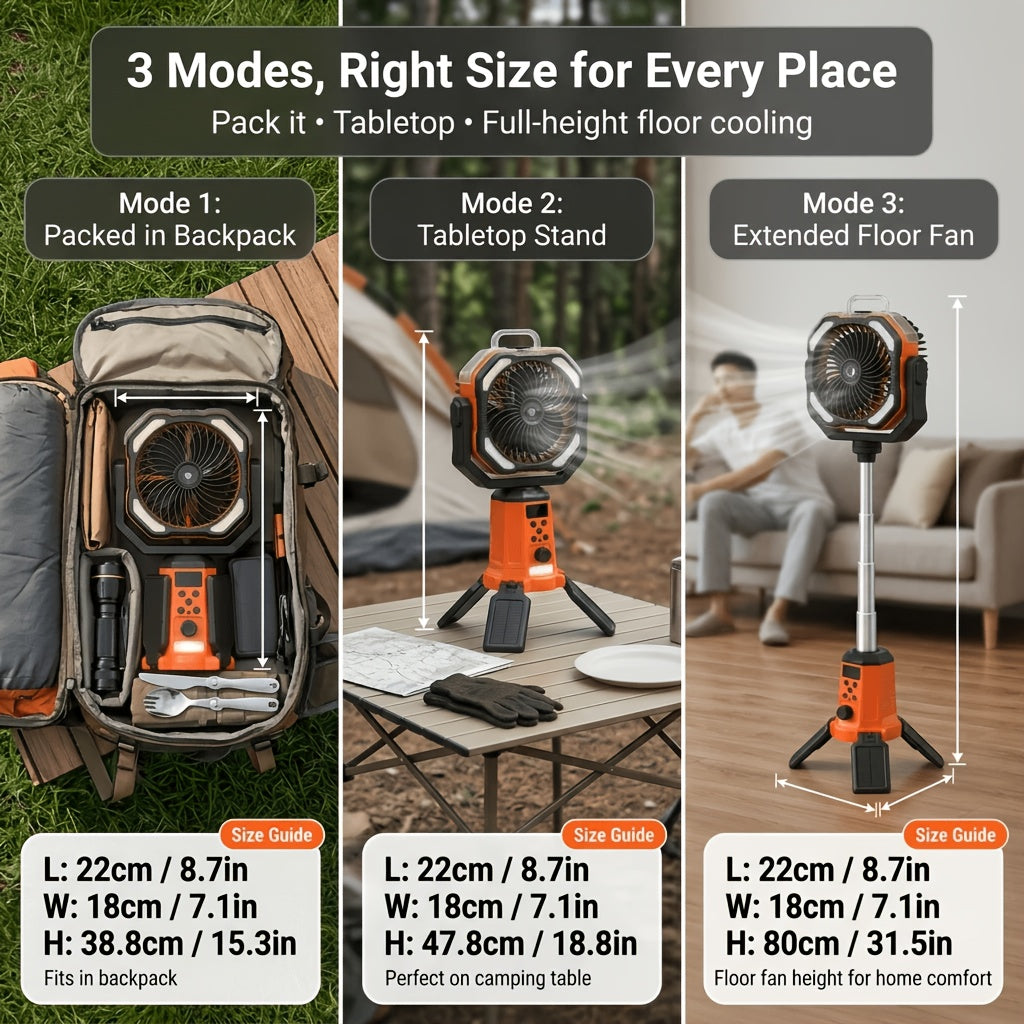 Dual-Motor Camping Fan with Listed Remote Control, 1–100 Speed Adjustment and Oscillation, Classical, Mist and Solar Option Labels for Tent and Outdoor Airflow