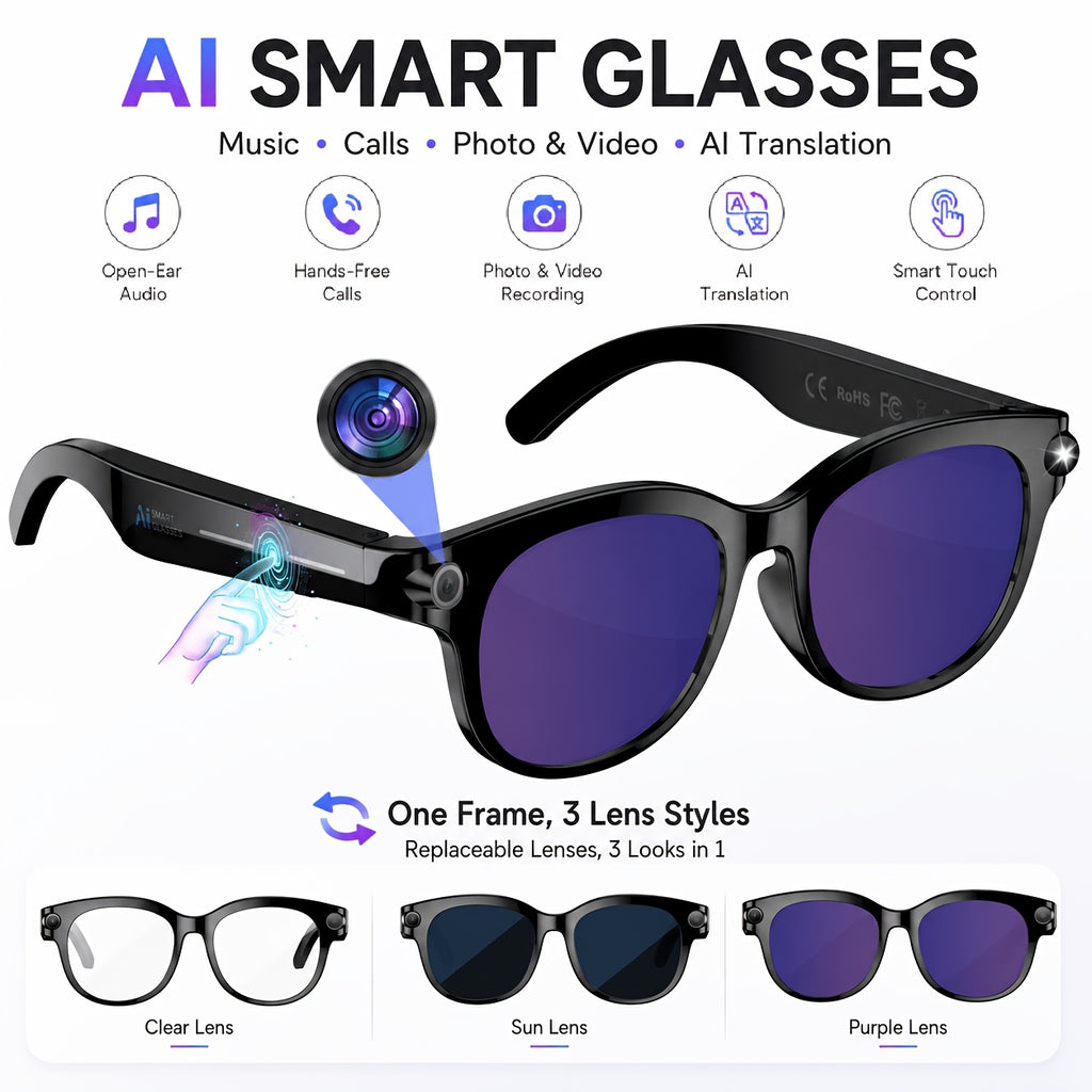 Replaceable-Lens AI Smart Glasses with Listed 8MP Camera, Image Stabilization, Video and Audio Recording, Translation, Voice Control and Music Playback