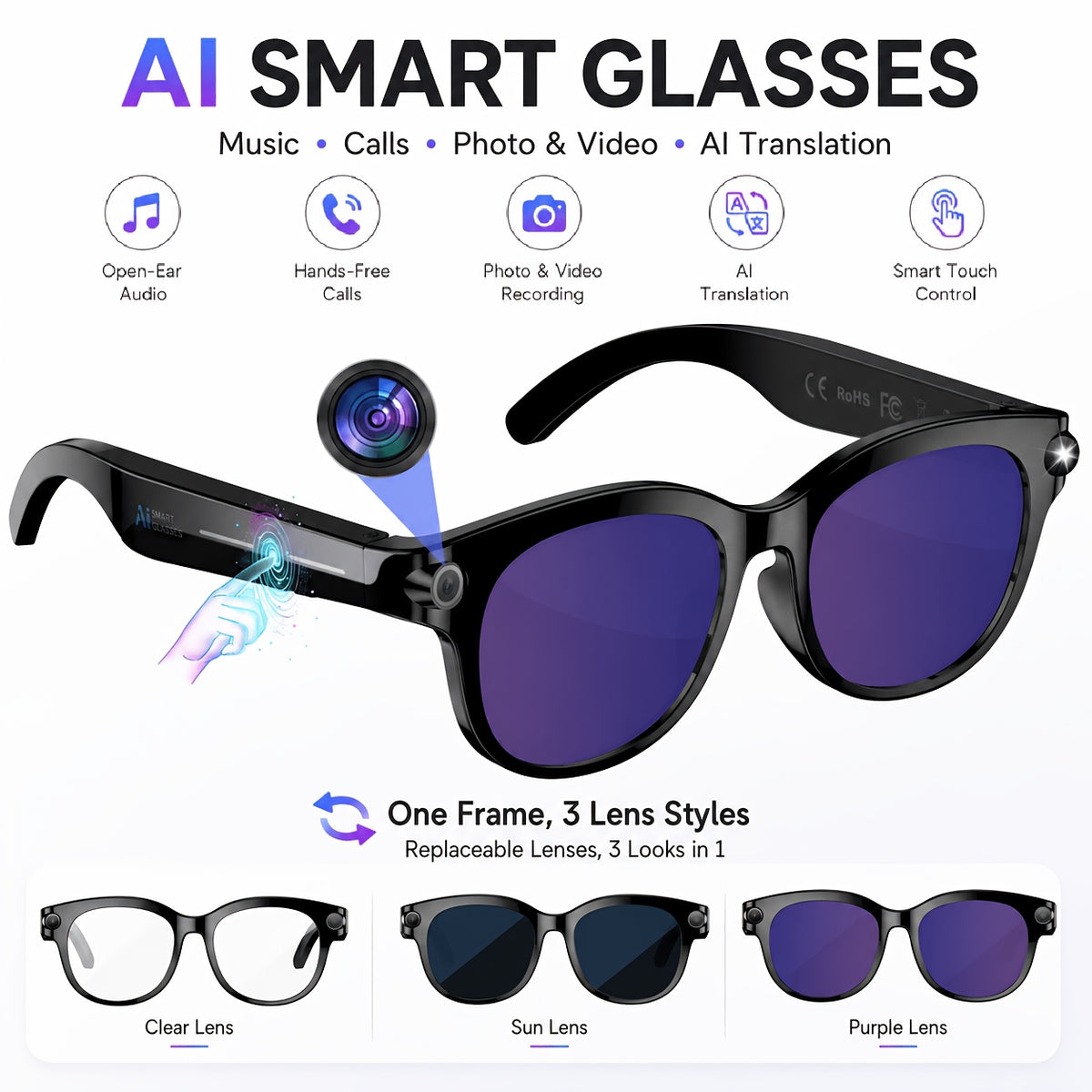 Replaceable-Lens AI Smart Glasses with Listed 8MP Camera, Image Stabilization, Video and Audio Recording, Translation, Voice Control and Music Playback