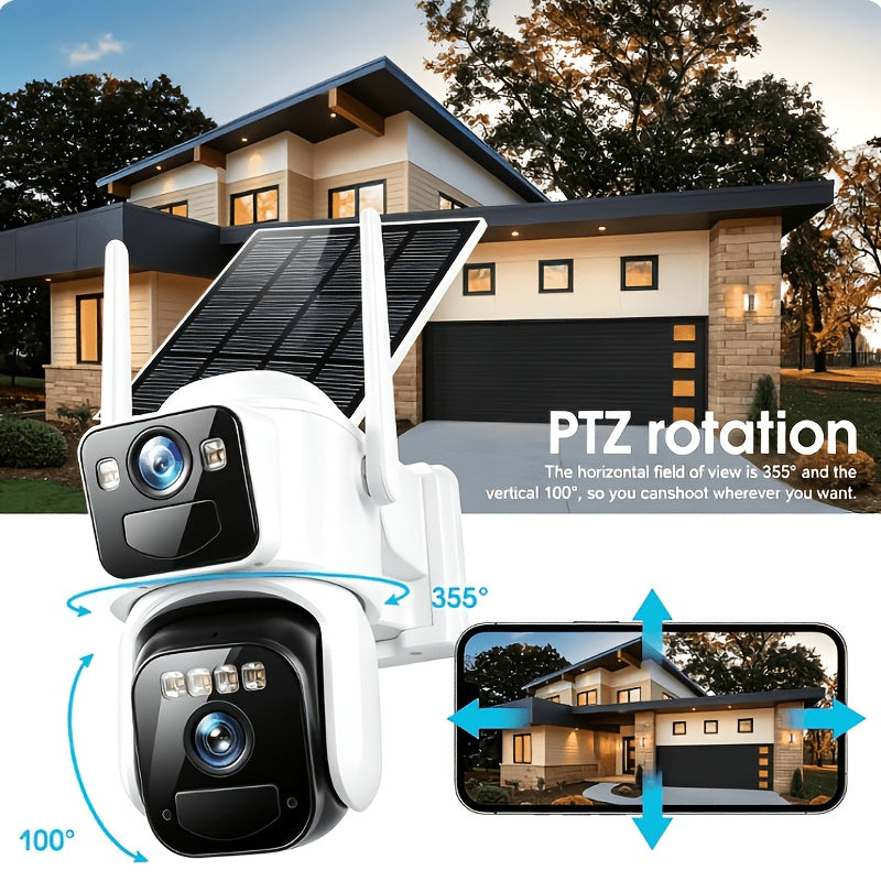 Dual Lens Solar Security Camera with 8000mAh Battery, Fixed Wide-Angle and PTZ Views, WiFi Motion Alerts, Two-Way Audio and Night Vision in White