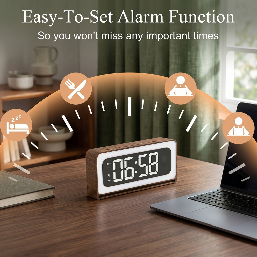 Wood-Grain Indoor Security Clock Camera with Listed 2K Video, Dual-Band WiFi, Color Night Vision, Motion Alerts, Rechargeable Battery and Optional microSD Storage