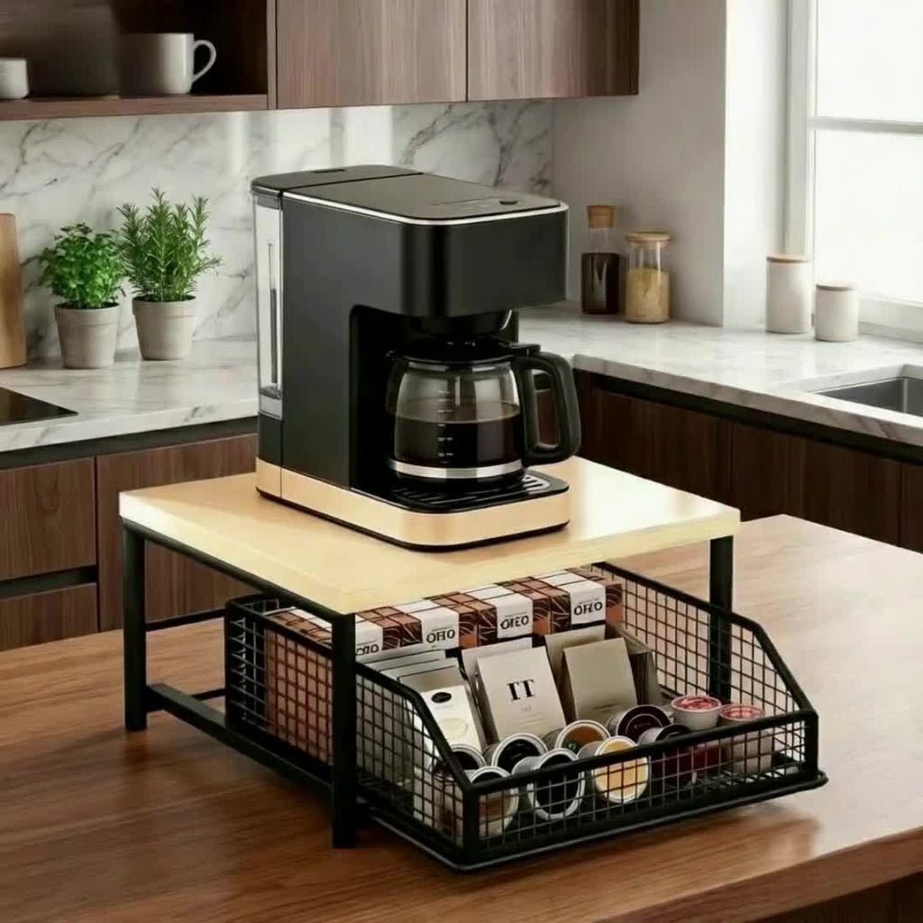 Coffee Pod Storage Drawer Stand, Modern Black Metal Countertop Shelf with Listed 70-Pod Capacity for Compatible Coffee Machines and Kitchen Accessories