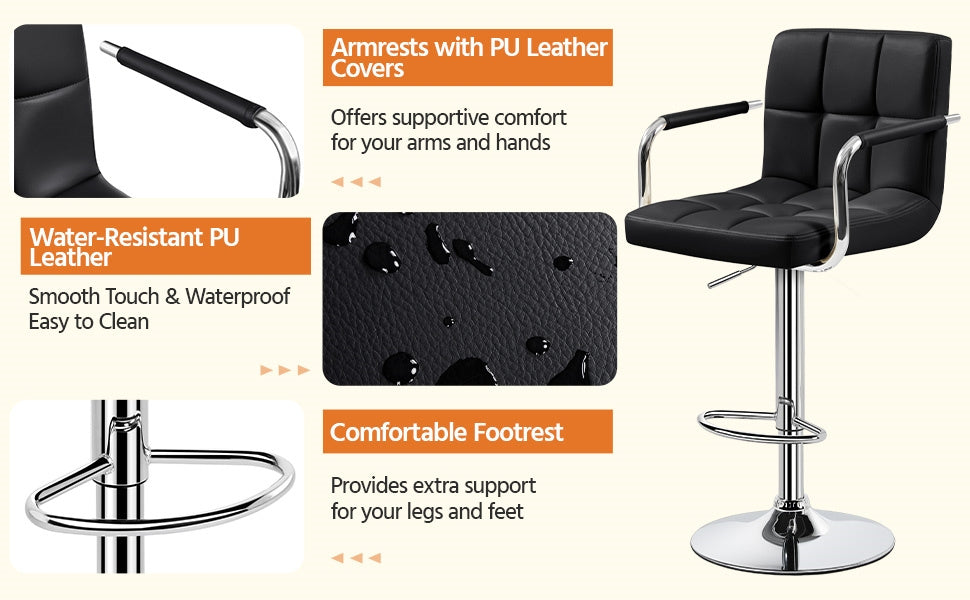 PU Leather Bar Stools Set of 2 by Costoffs, Adjustable Height and 360-Degree Swivel Seats with Backrests, Footrests and Steel Bases for Kitchen Islands