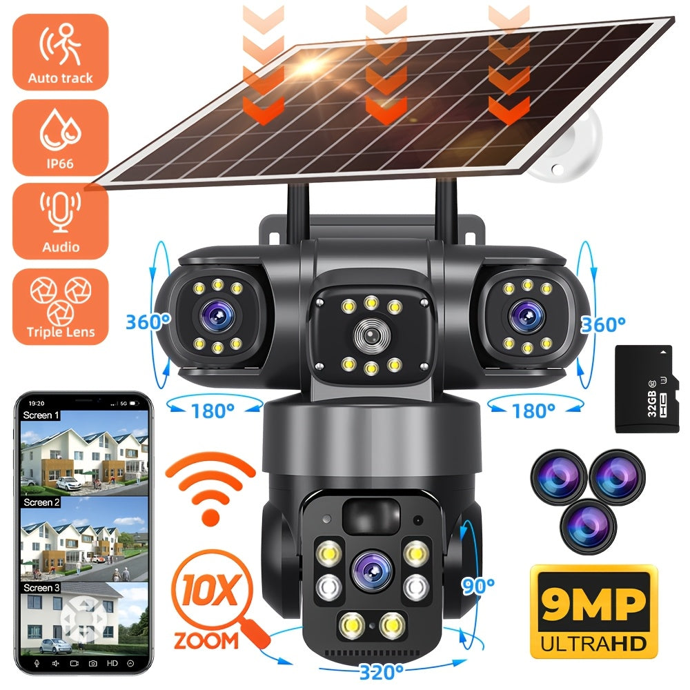 Three-Lens Solar WiFi Security Camera with Listed 355-Degree Pan and 90-Degree Tilt, PIR Alerts, Color Night Vision and Two-Way Audio, Two Package Labels