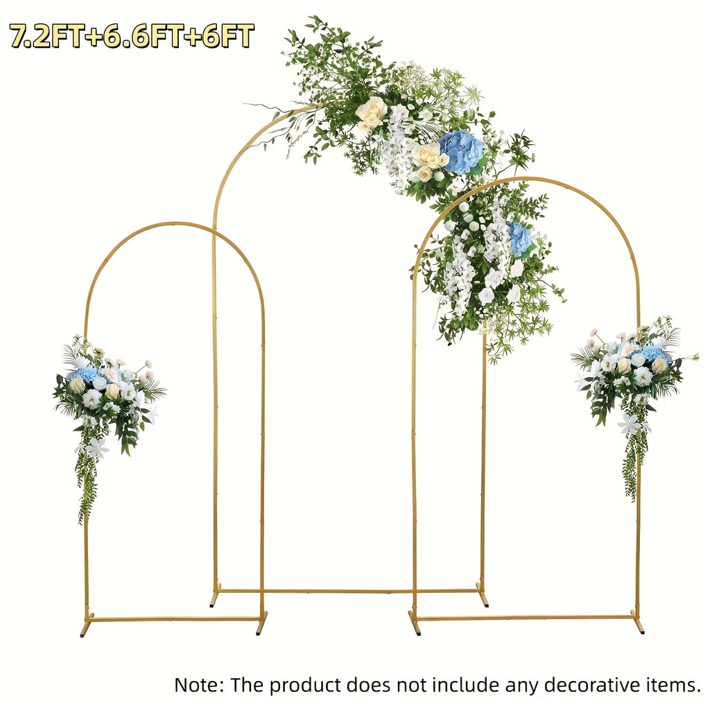 Wedding Arch Stand Set in Golden Metal, Three Backdrop Frames with Listed 7.2ft, 6.6ft and 6ft Sizes for Balloon, Flower and Party Displays