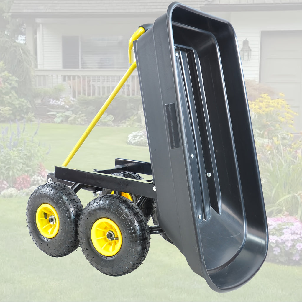 Poly Garden Dump Cart with Steel Frame, Listed 10-Inch Pneumatic Tires and 180-Degree Swivel Handle, Black or Green Option Labels for Lawn and Yard Supply Transport