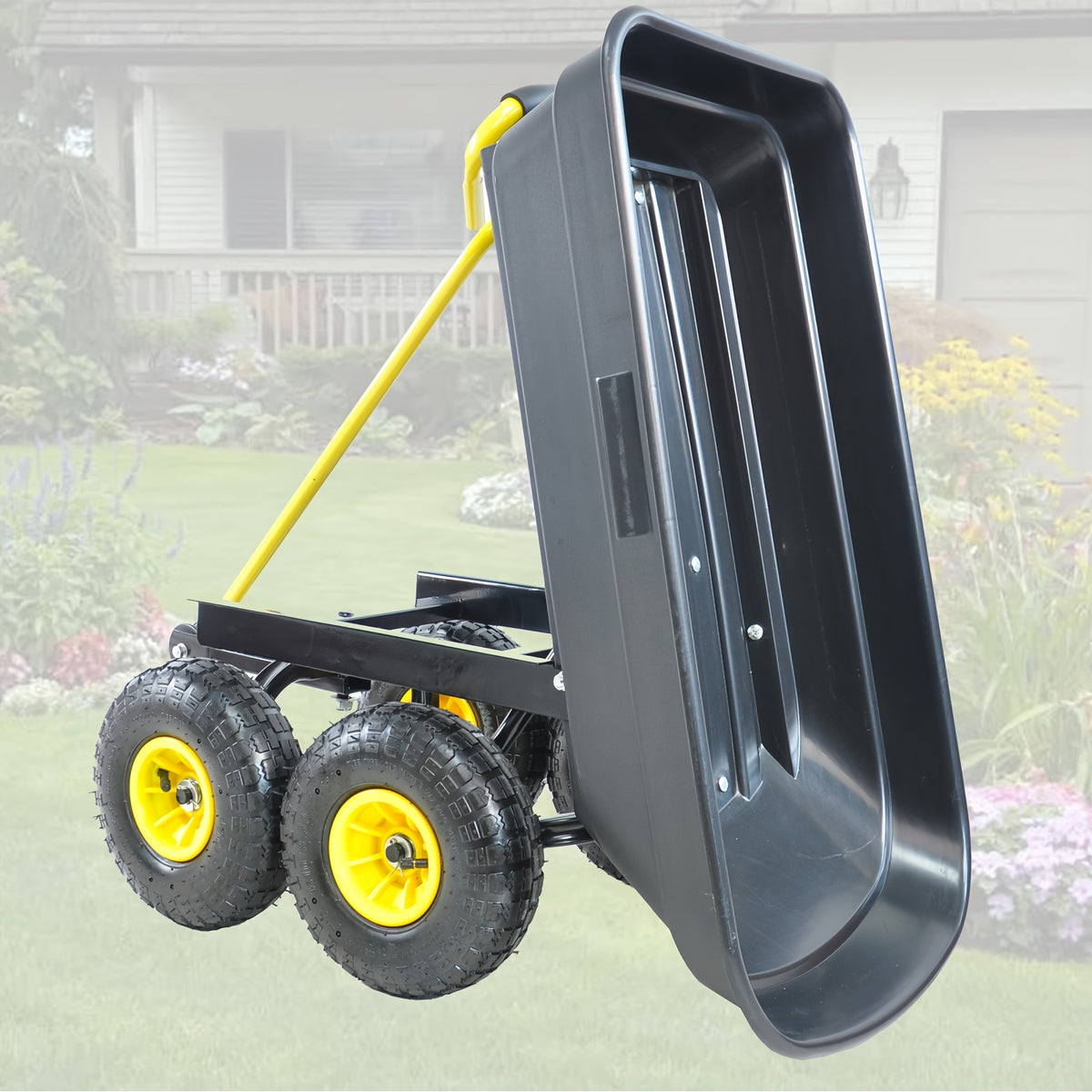 Poly Garden Dump Cart with Steel Frame, Listed 10-Inch Pneumatic Tires and 180-Degree Swivel Handle, Black or Green Option Labels for Lawn and Yard Supply Transport