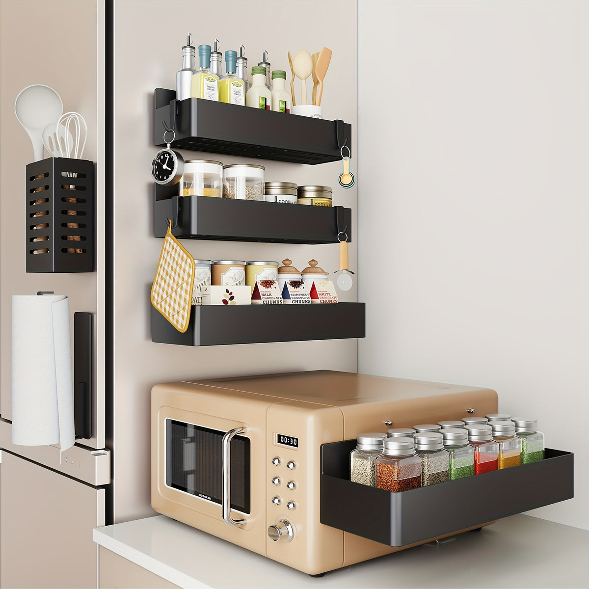 Magnetic Refrigerator Spice Organizer Set with Five- or Six-Piece Options, Small Square Box or Tissue Holder Configurations and Listed Four Hooks for Kitchen Storage