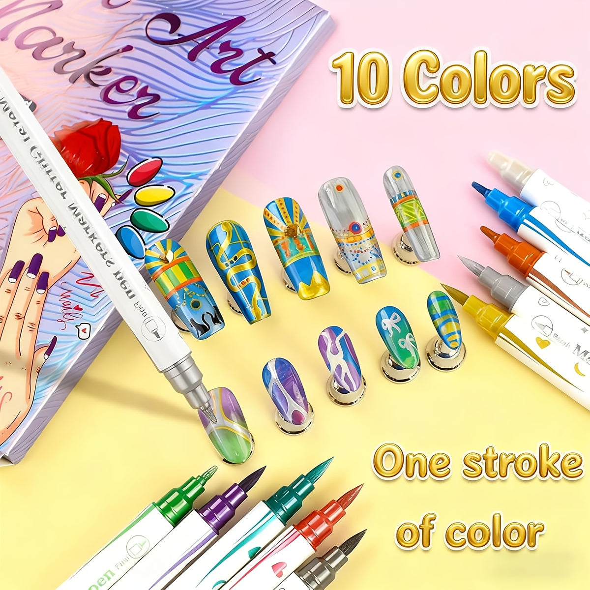 Metallic Nail Art Pens with Double-Ended Acrylic Paint Marker Design, 10-Color Quick-Drying Selection for Decorative Dots, Lines and DIY Home or Salon Manicures