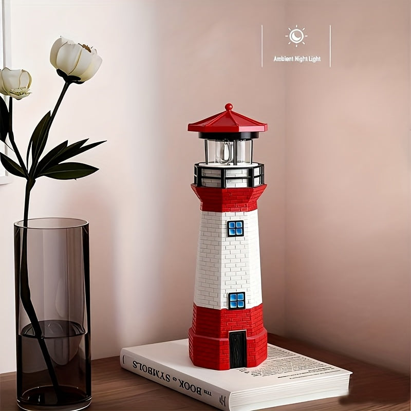 Rotating LED Solar Lighthouse with Built-In Solar Panel and Automatic Night Lighting Wording, Upgraded Model Label for Nautical Garden and Patio Decoration