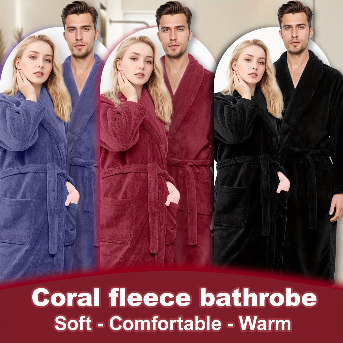 Coral Fleece Bathrobe for Men and Women with Shawl Collar, Adult Home Lounge Robe in S, M, L or XL Size Labels and Four A–D Color Selections