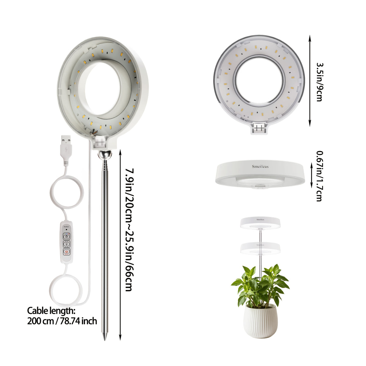 Full Spectrum Grow Light 3-Piece Set by Smeileas, Adjustable Brightness and Height with 3/6/9 Hour Auto On/Off Timer for Indoor Plant Care, White